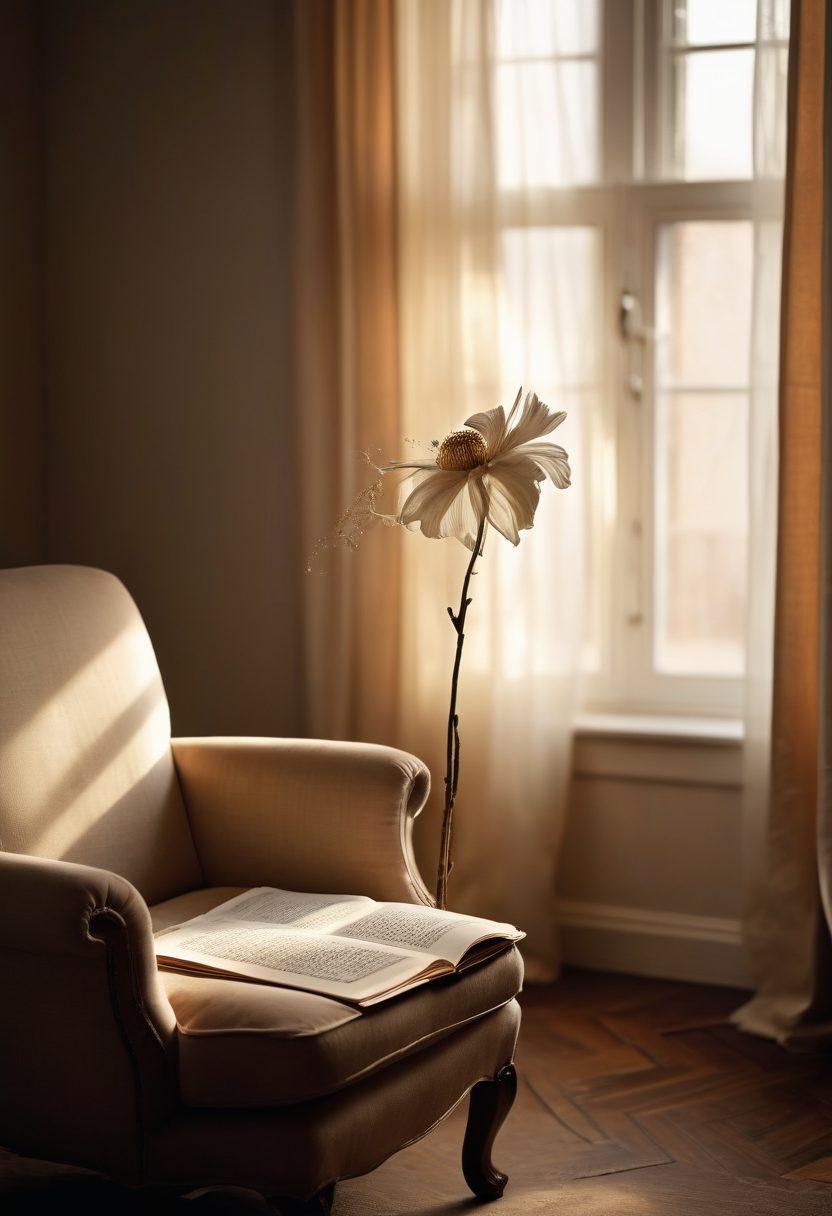 A dimly lit room with soft, warm light filtering through sheer curtains, casting gentle shadows on a plush armchair. A single tear-streaked face gazes thoughtfully towards the light, surrounded by subtle symbols of adult entertainment that suggest complexity and sorrow, like a closed book and a wilted flower. Ethereal wisps of light dance around, symbolizing hope amidst melancholy. super-realistic. warm tones. soft focus.