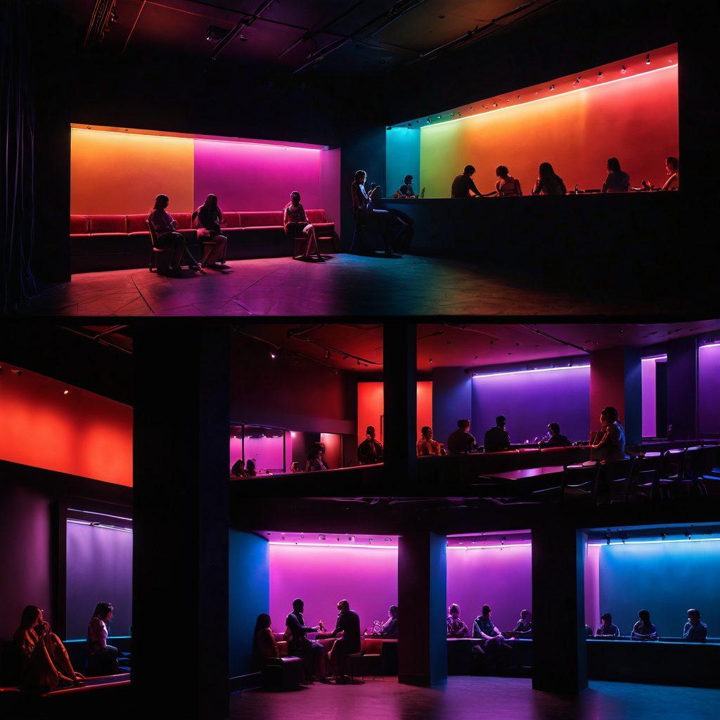 A dramatic split-scene depicting the contrast of desire and despair: on one side, a vibrant neon-lit adult entertainment venue with alluring figures and lively colors; on the other, a shadowy, melancholic room with a solitary figure, dim lighting, and a sense of isolation. The juxtaposition highlights both pleasure and sorrow. super-realistic. vibrant colors. contrasting shadows. moody ambiance.