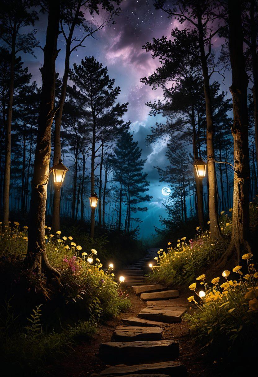 A surreal landscape featuring a dimly lit path winding through a shadowy forest, with flickering lanterns casting a warm glow amidst the darkness. Alongside the path, hidden joyful elements like playful spirits and blooming flowers symbolize hope and happiness. The sky is a mix of dark clouds and patches of bright starlight, representing the contrast between sorrow and joy. The overall tone should evoke a sense of mystery yet comfort. painting. vibrant colors. mystical atmosphere.